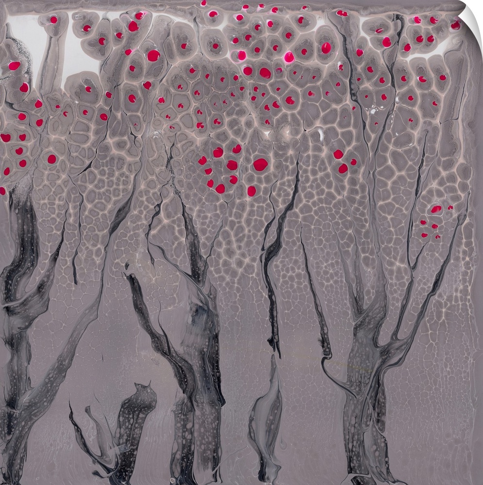 Abstract pour painting of trees with gloomy gray-beige background and hot pinks of cherry bloom for contrast.