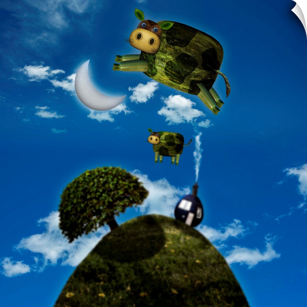 Inspired by the children's song, here is a version of cows jumping over the moon.