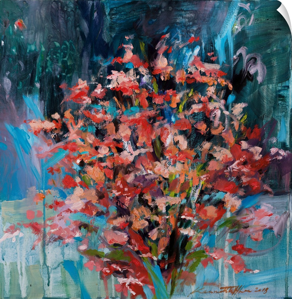 An abstract painting of a floral arrangement.