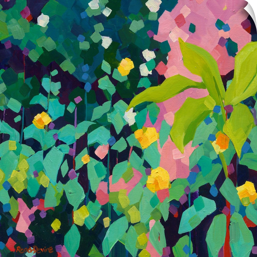 Contemporary painting of green leaves with a dark green and pink background.
