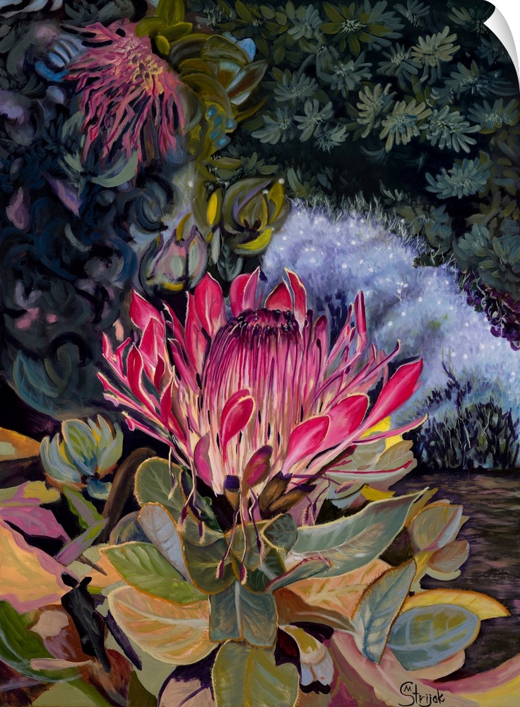 Vertical painting in a subdued color palette depicting a pink flower in the middle of a lavish garden.