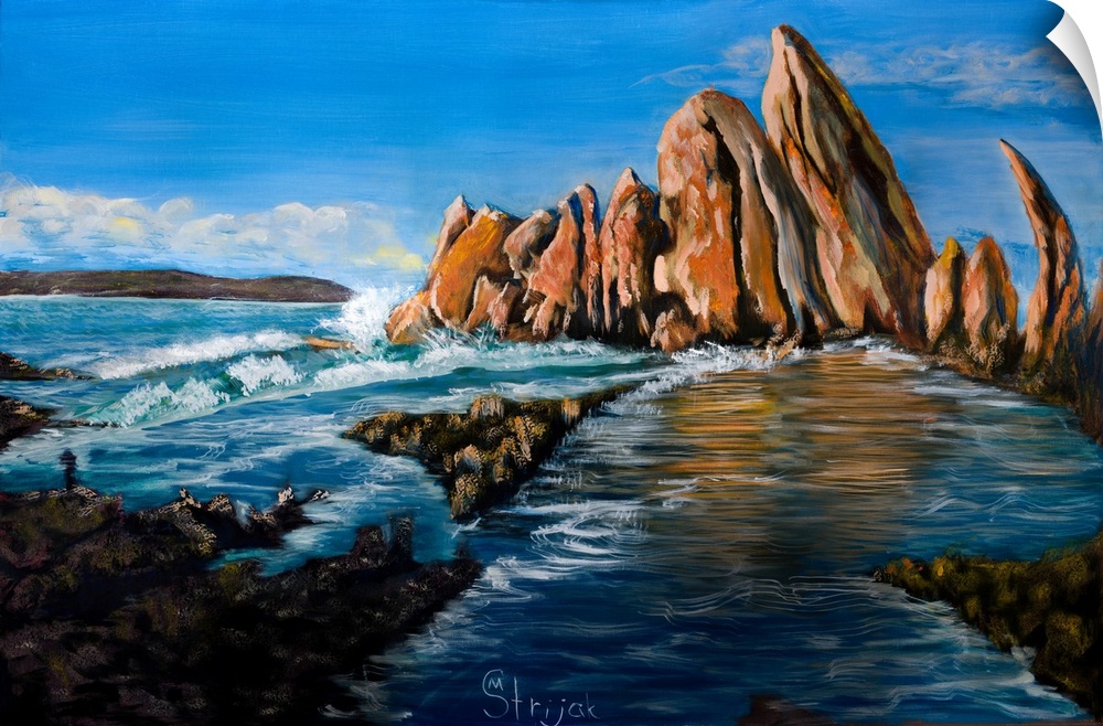 Painting of the monumental formations of red rocks at the Broulee beach, basking in the soft light of an early sunrise.