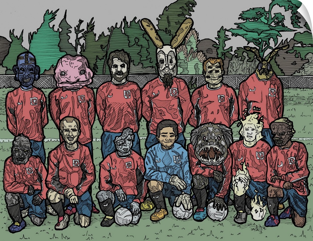 Illustration of a soccer team made of humans and fantasy creatures.