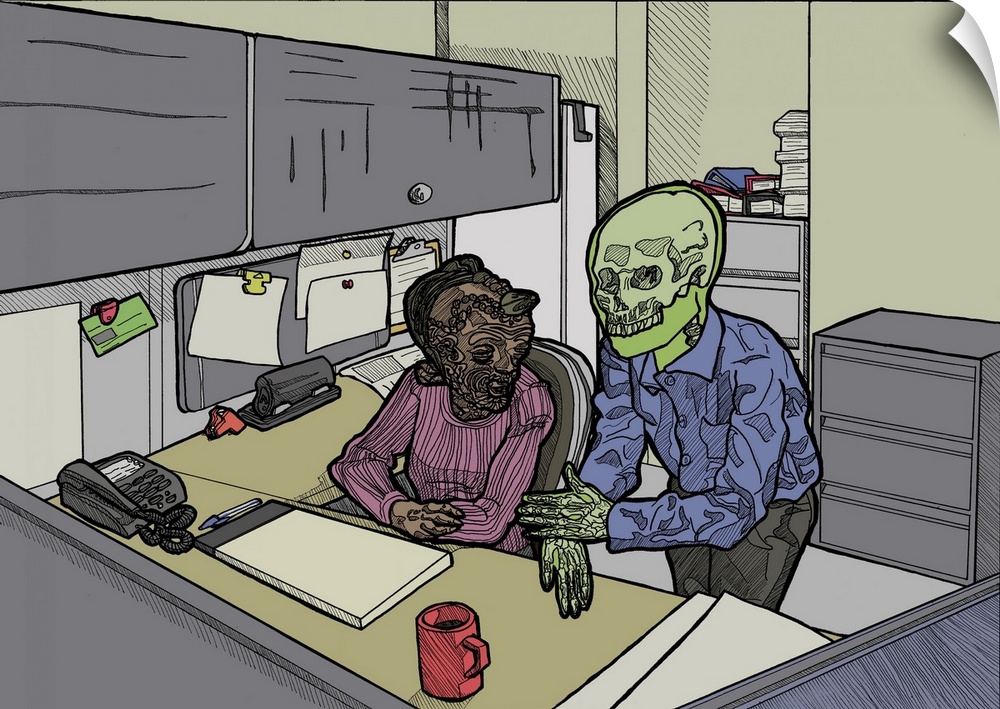 Illustration of fantasy creatures working in an office.