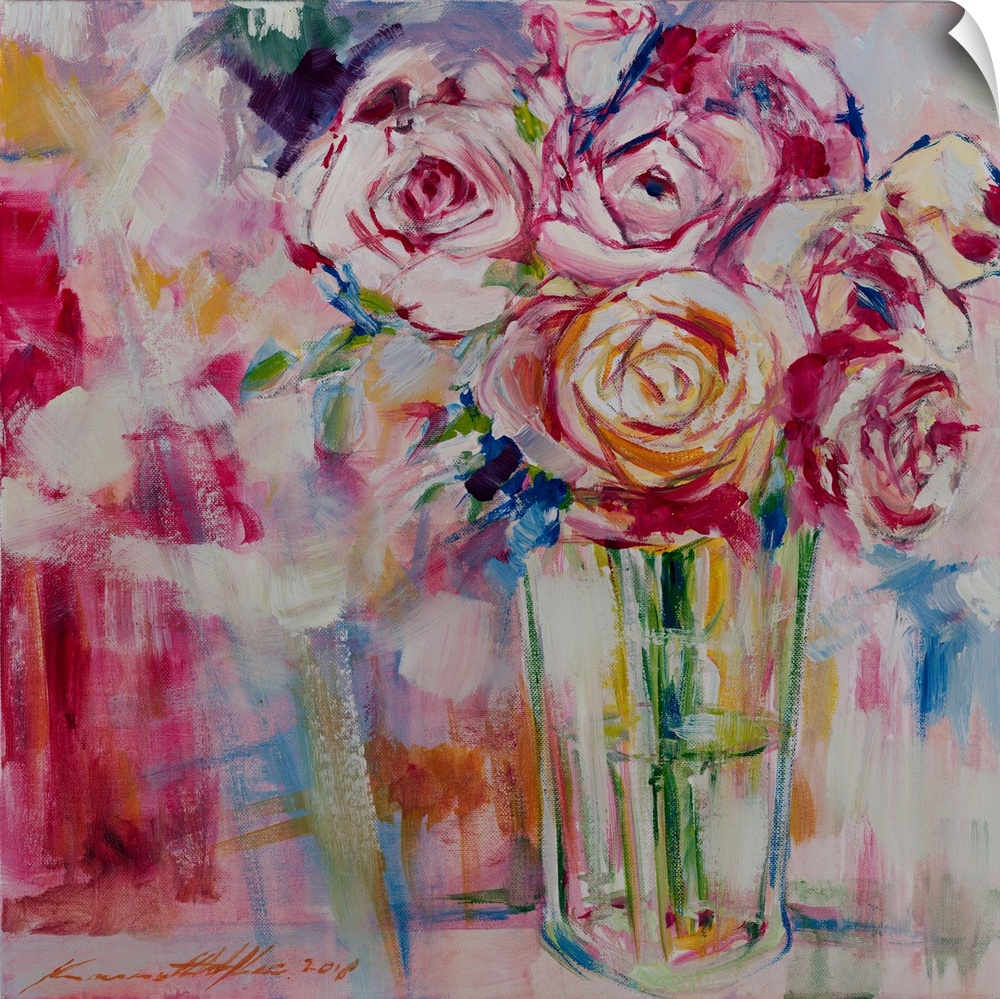 An abstract on a play of cool and warm tonal variations and forms coupled voids; a floral arrangement in a glass vase.