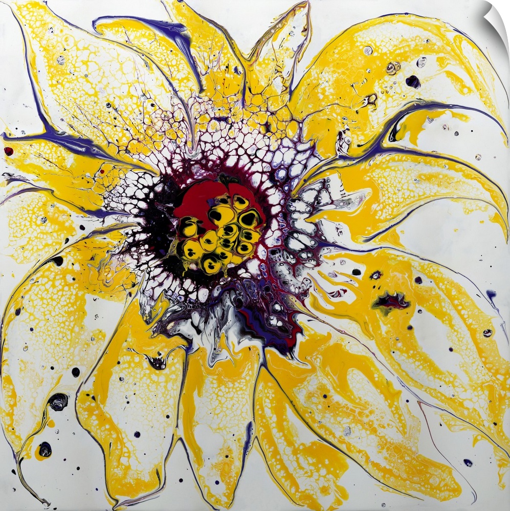 Pour painting of a large flower in yellow, loosely accentuated by the purple contour with a multicolored pattern in the mi...