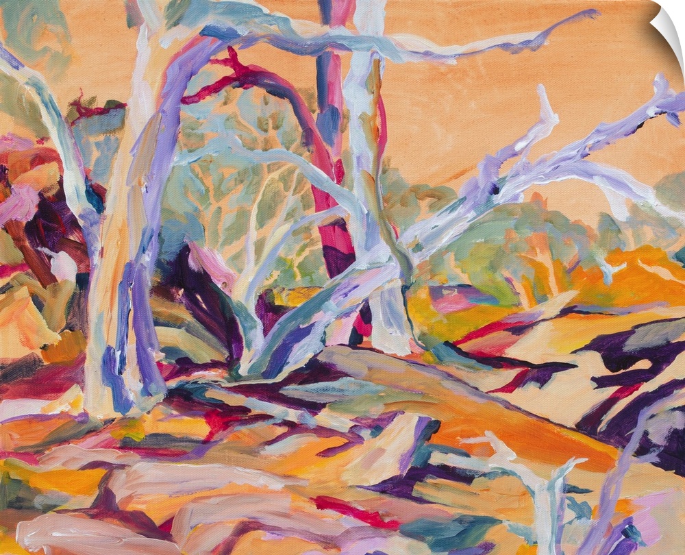 Outback landscape with bare trees, rocks in burgundy, browns, golds, creams.