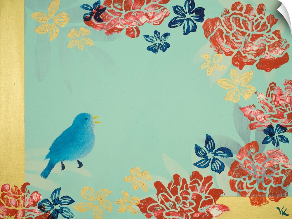 Painting of bird in garden of red peonies with pale mint background.