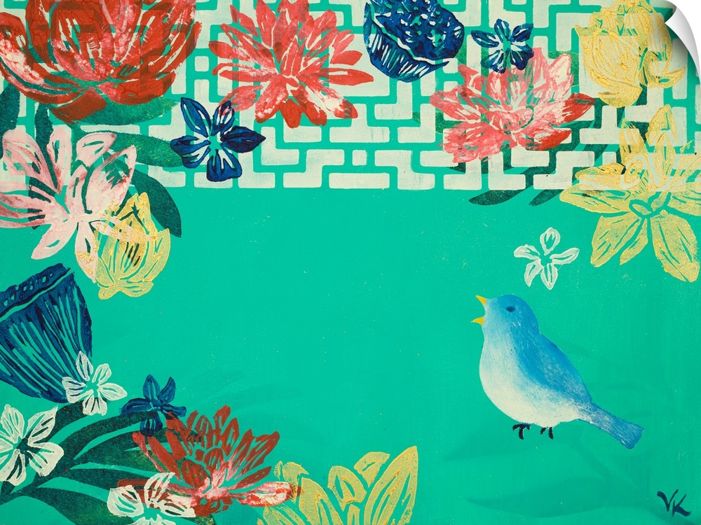 Painting of bird singing in garden of lotus flowers and pods with turquoise background.
