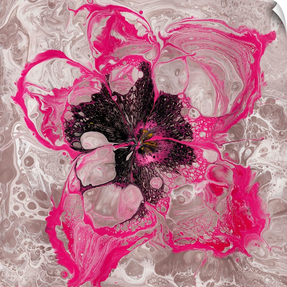 Pour painting of a delicate, but vigorous cherry bloom in saturated pink with intricate patterns and a see-through effect ...