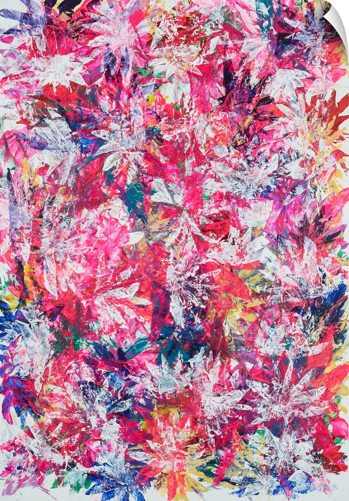 Painting on paper of a dense compilation of leaves in vibrant spring tones.