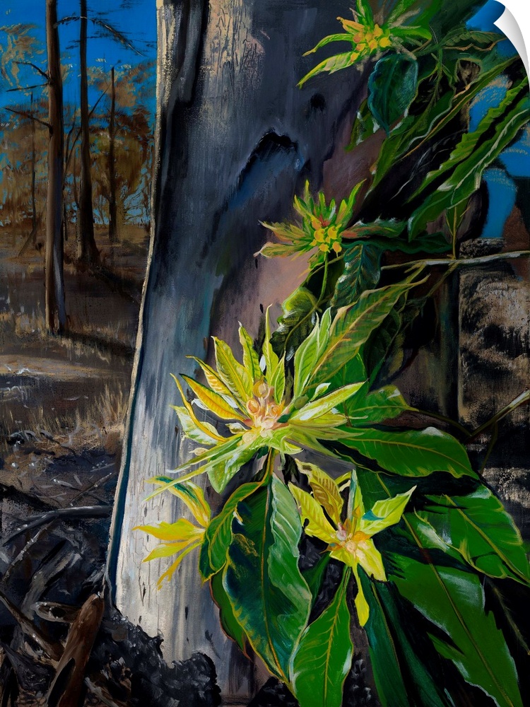 Painting of fresh, green spring shoots appearing against the background of mature, decade-old trees as the spring arrives.