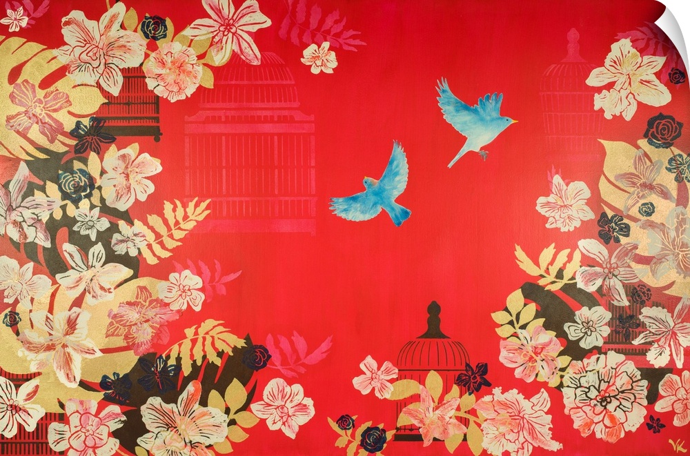 Painting of two bluebirds flying in a summer garden of orchids and peonies with red background.
