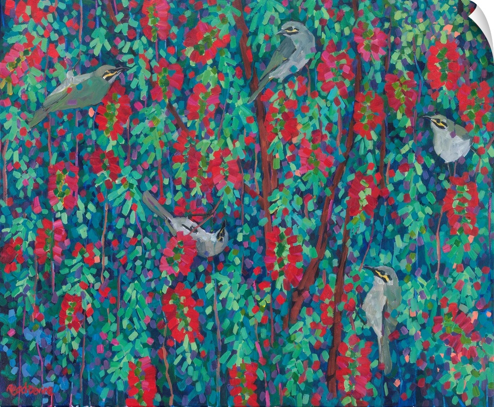 Impressionist painting of five grey brown birds with yellow eye markings in a tree with red bottlebrush flowers.