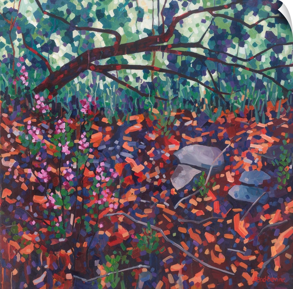 Atmospheric painting of fallen tree with pink flowers and red and orange foreground.