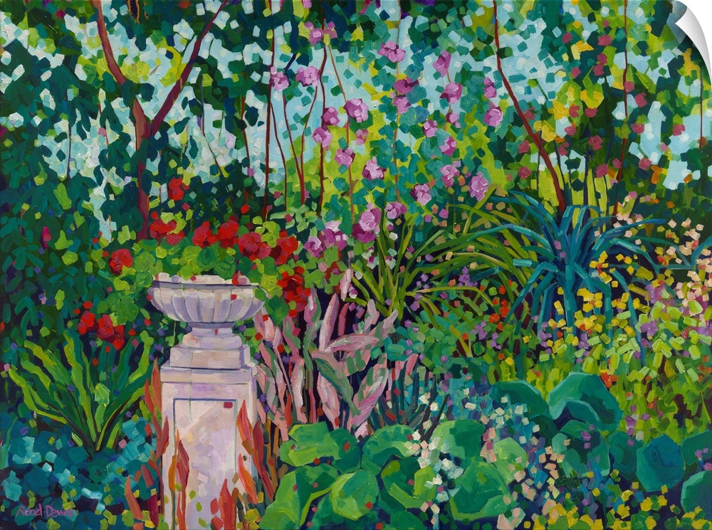 Impressionist painting of urn planted with red geranium in garden with trees, camellias, and many colorful flowers.