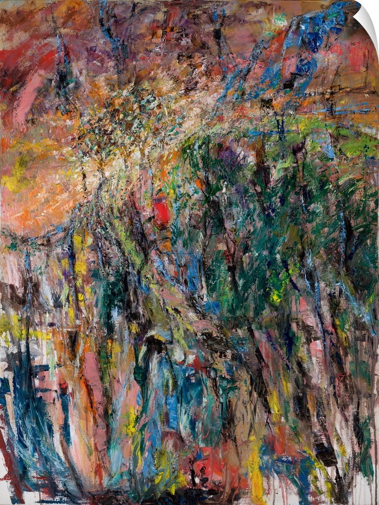 An abstract painting of a high ridge line with the evening light peering through a small line of trees.