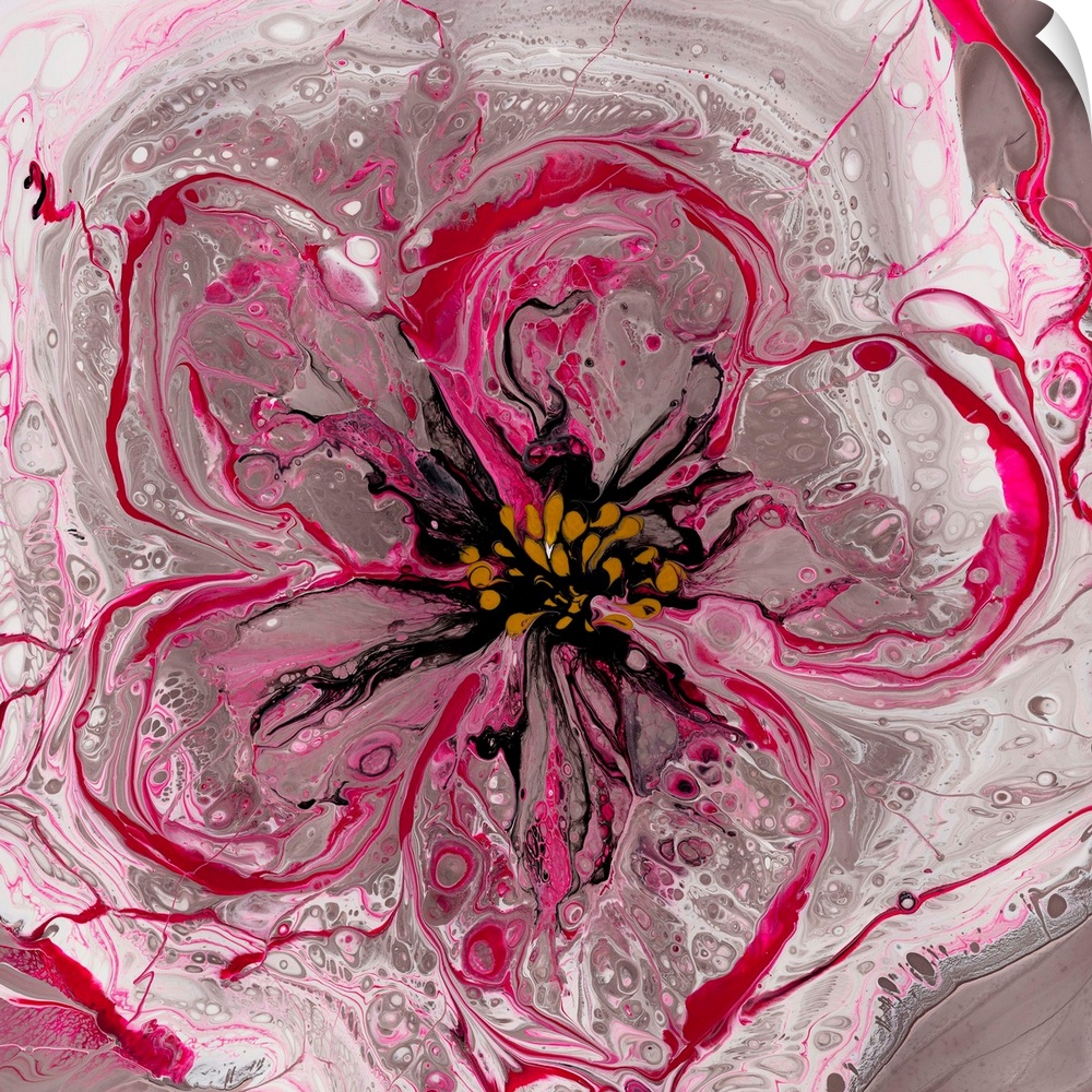 Pour painting of cherry bloom using an effect of transparency on the petals to create a delicate feel, accentuated by satu...