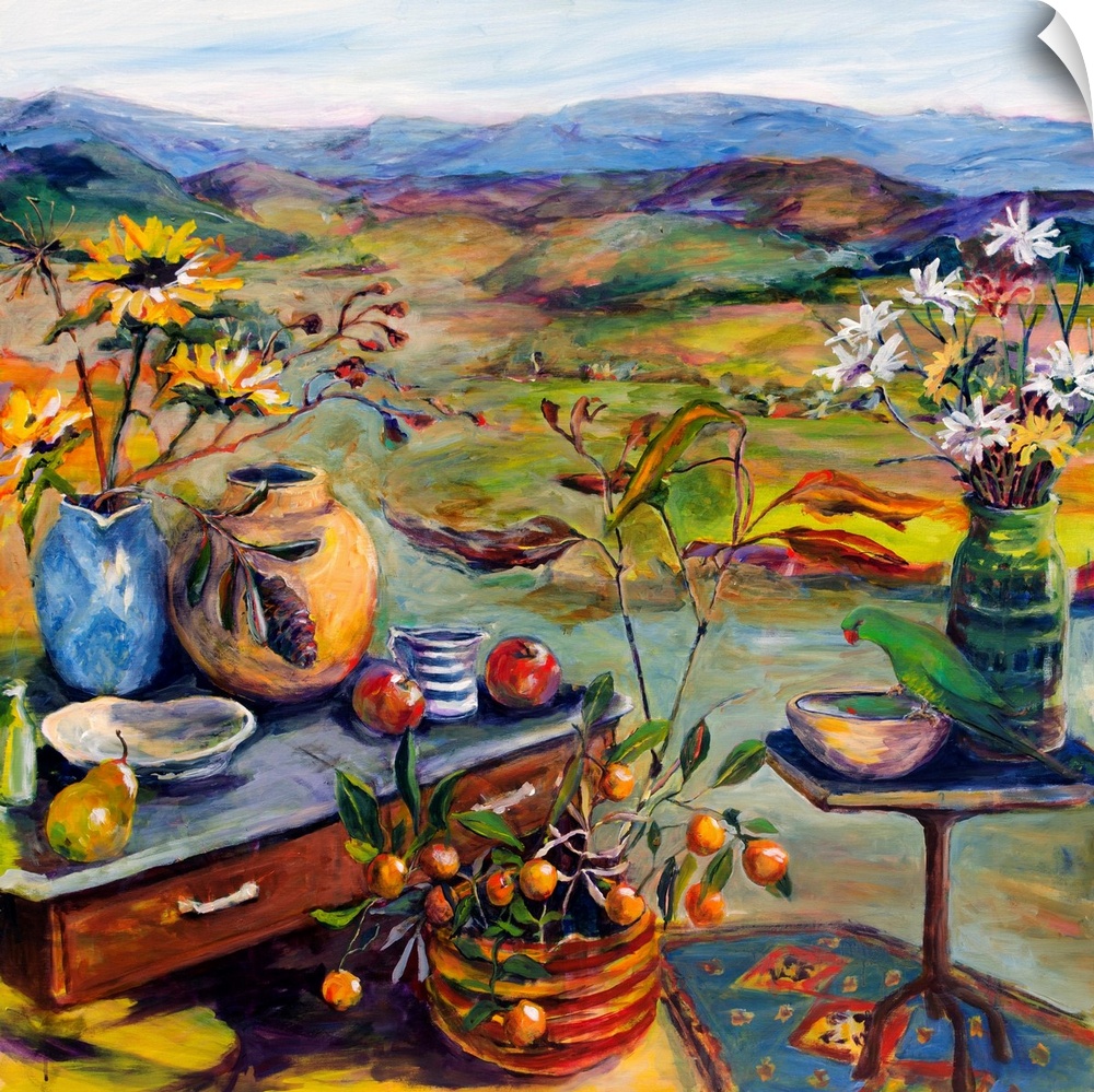 Colorful landscape and still life with flowers, fruit, and birds.
