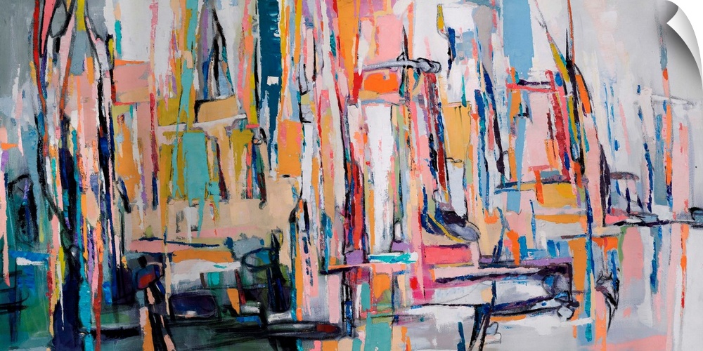 An abstract painting inspired by the Australian landscape depicting both city scape and the wide expanse of the countryside.