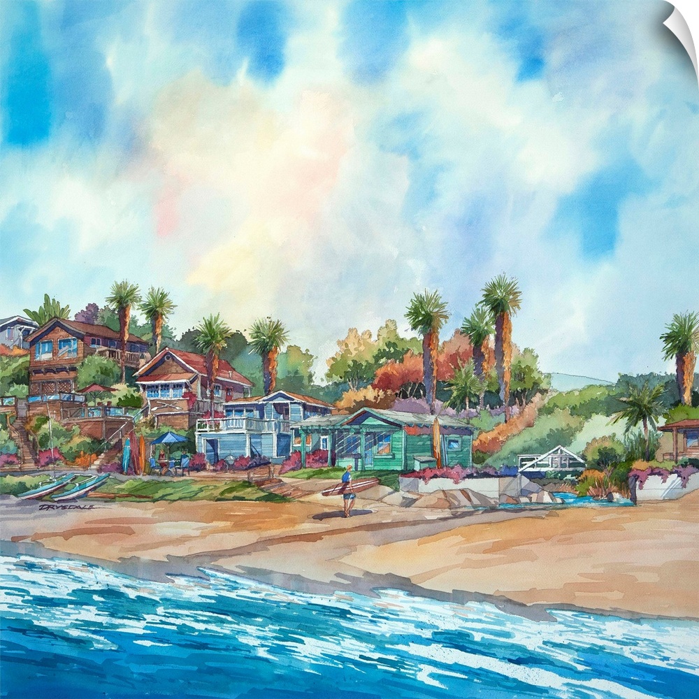 Watercolor of the bungalows in Crystal Cove, Newport Beach, California.