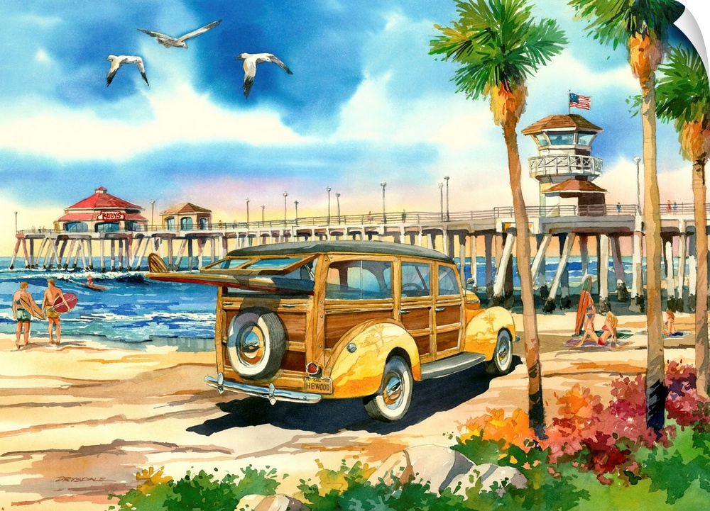 Watercolor of a classic woodie wagon on the beach at Surf City, Huntington Beach, CA.