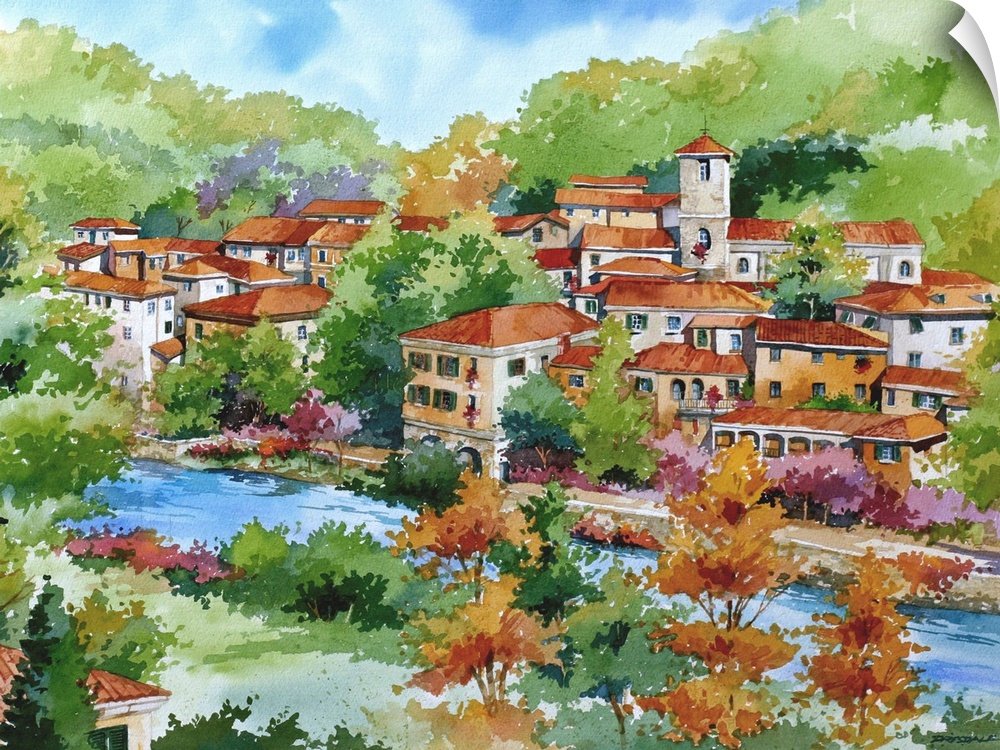 Watercolor painting of a lush Tuscan Village