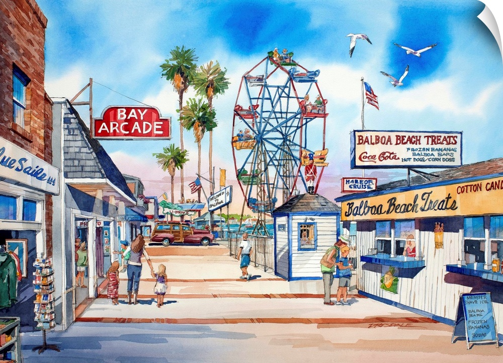 Watercolor painting of Balboa's Fun Zone in Newport Beach, California.