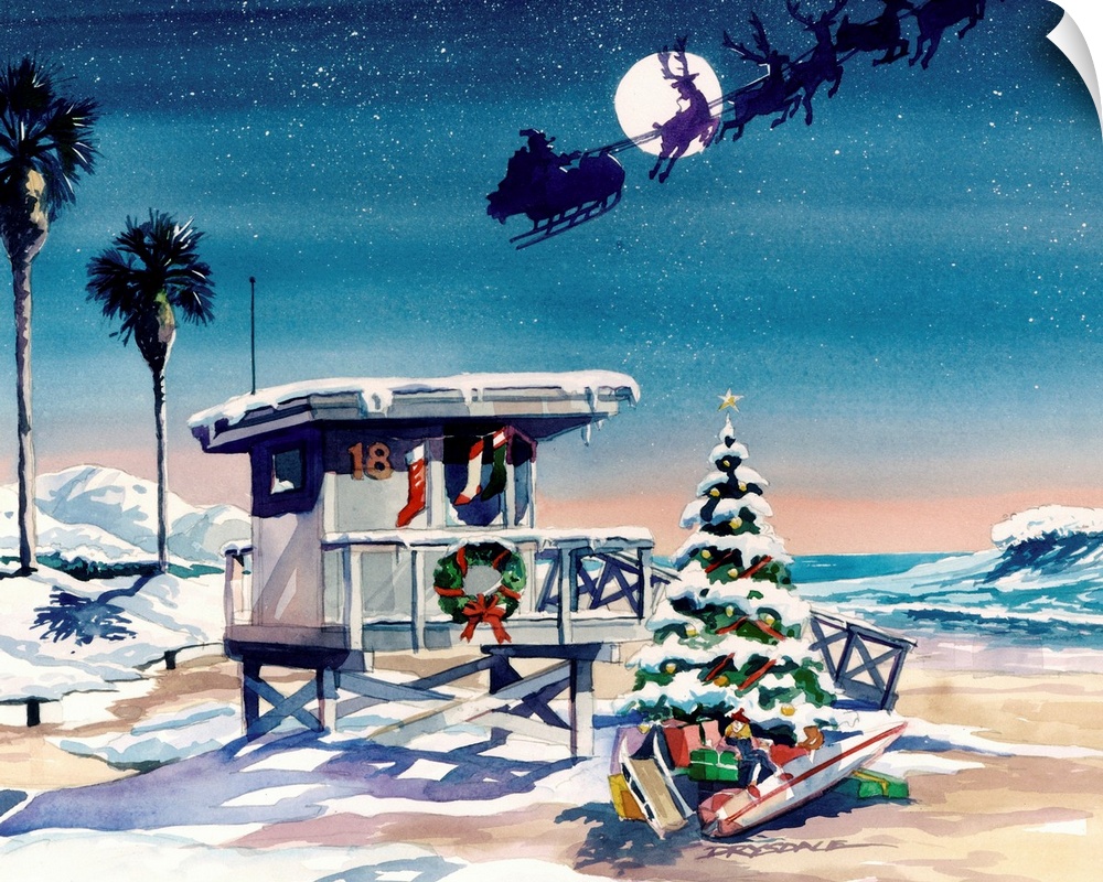 Watercolor painting of a snowy beach scene with a decorated lifeguard stand and Christmas tree, and Santa's sleigh and rei...
