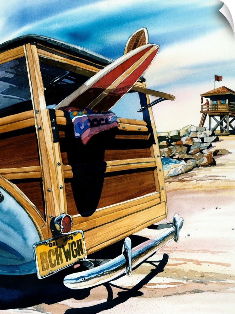 Watercolor of a woodie surf wagon at Salt Creek Beach in Dana Point CA