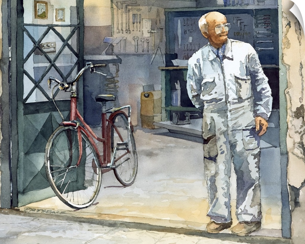 Watercolor painting of a bicycle Repairman in Lucca, Italy