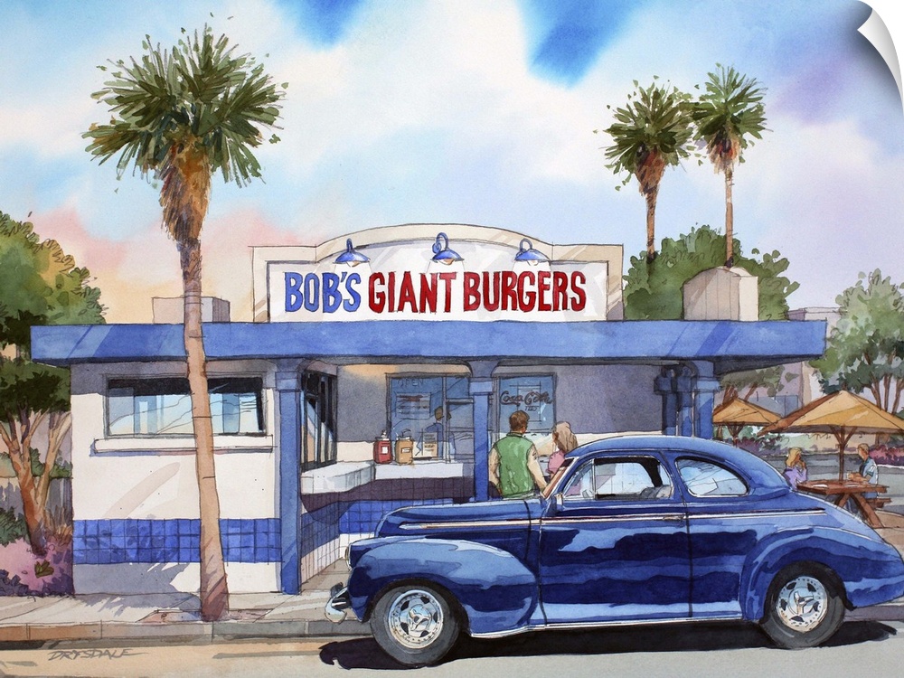 Watercolor painting of a 41 Chevy parked at Bob's Hamburger Stand in Fremont, CA.