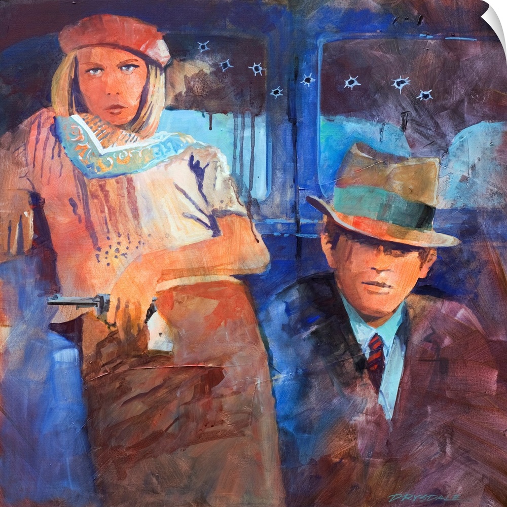 Painted portrait of Bonnie and Clyde leaning up against a blue car with bullet holes in it.