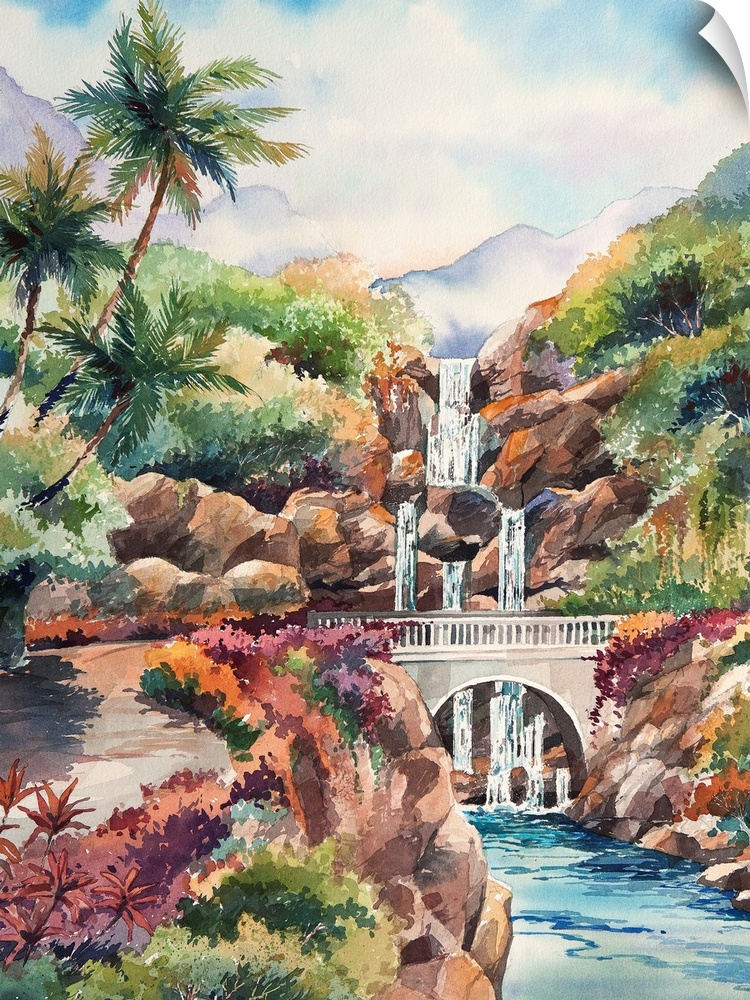 Watercolor painting of the Bridge to Hana with a waterfall in the background, Hawaii