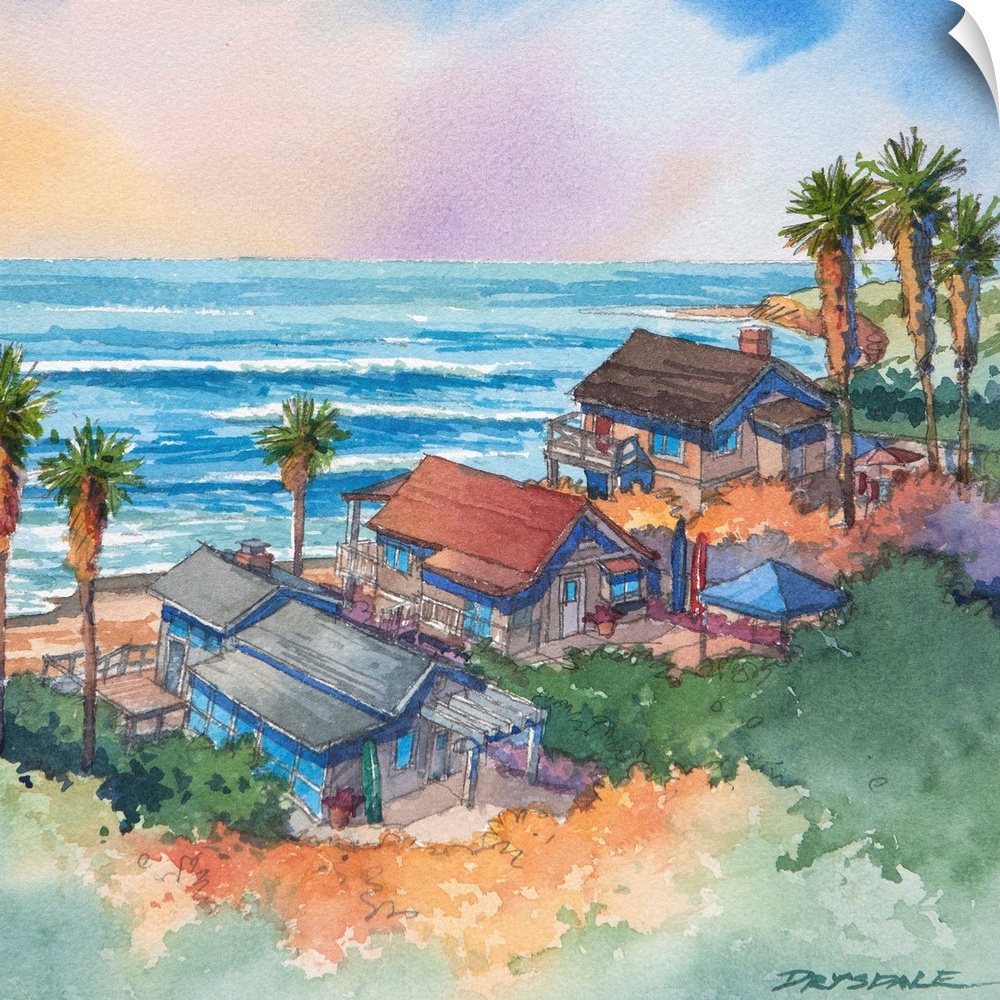 Watercolor looking down at the beach bungalows at Crystal Cove in Newport Beach, California.