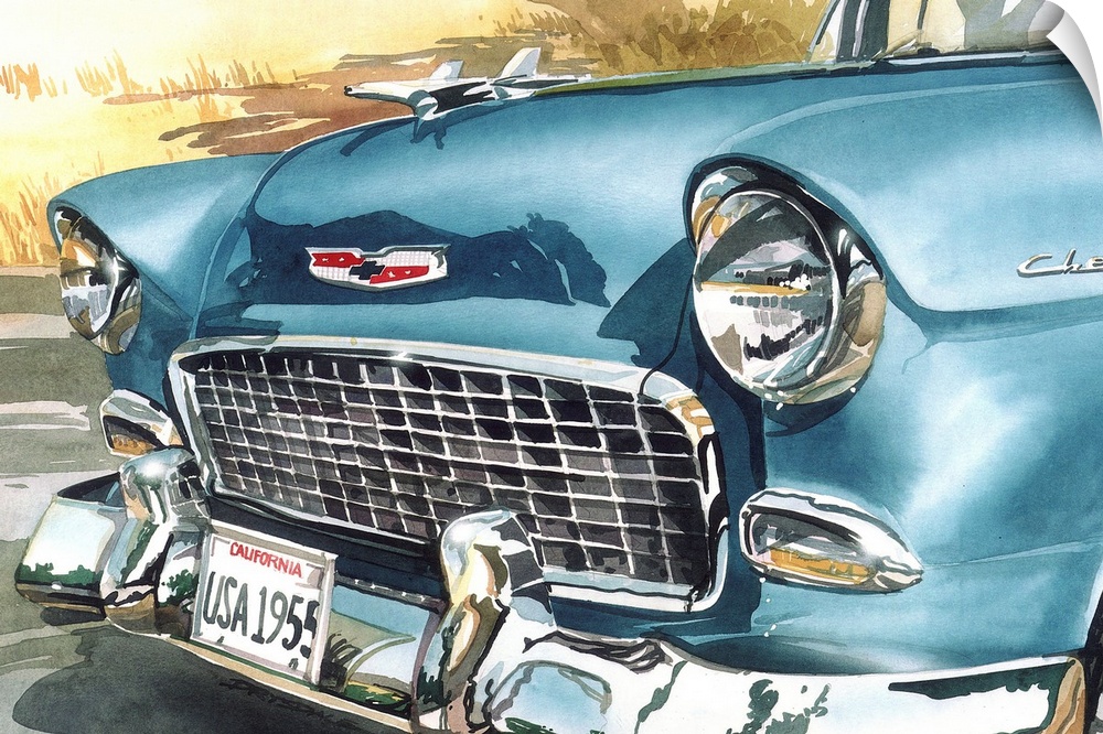 Watercolor painting of the front of a blue 55 Chevy up-close.