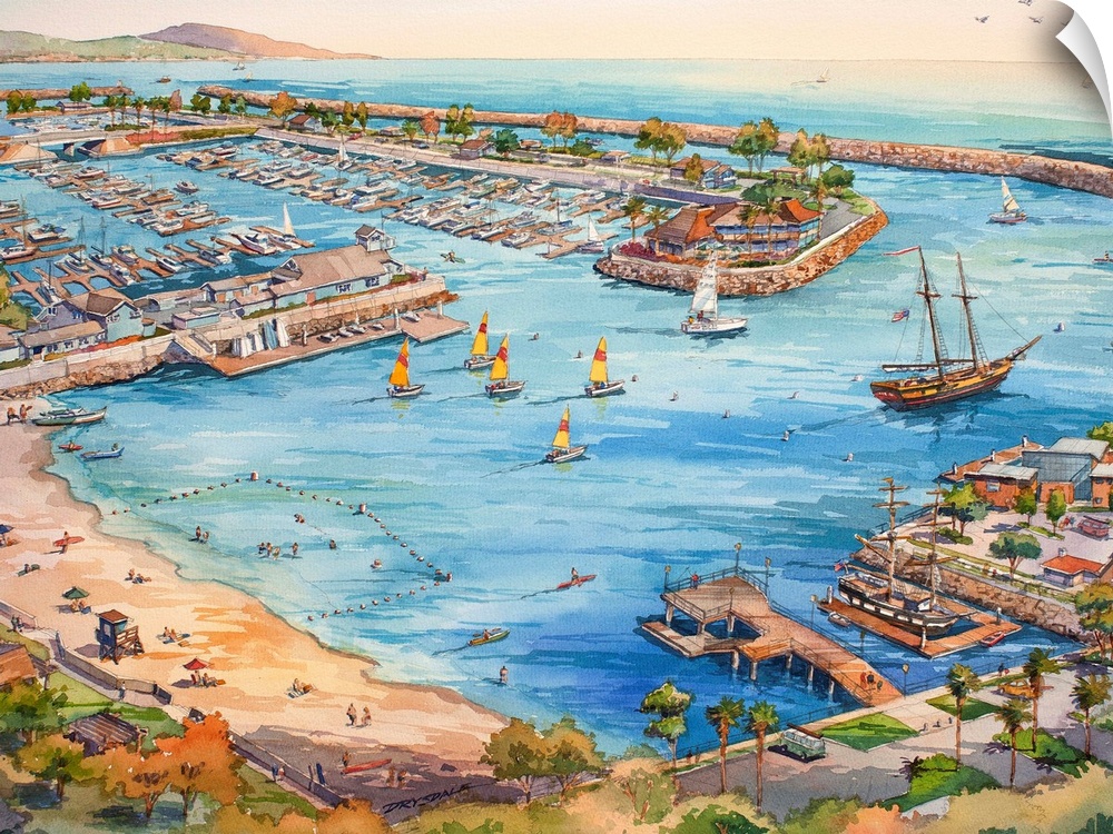 Watercolor painting of the aerial view of The Dana Point Harbor