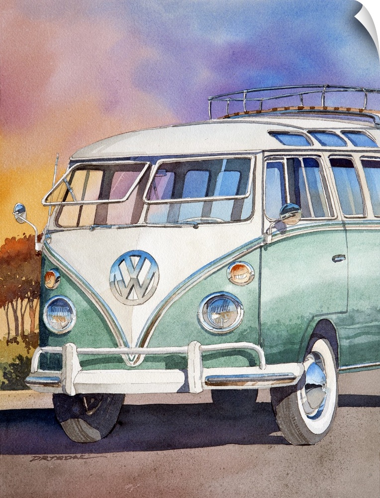 Watercolor of a 1963 23 window VW bus.