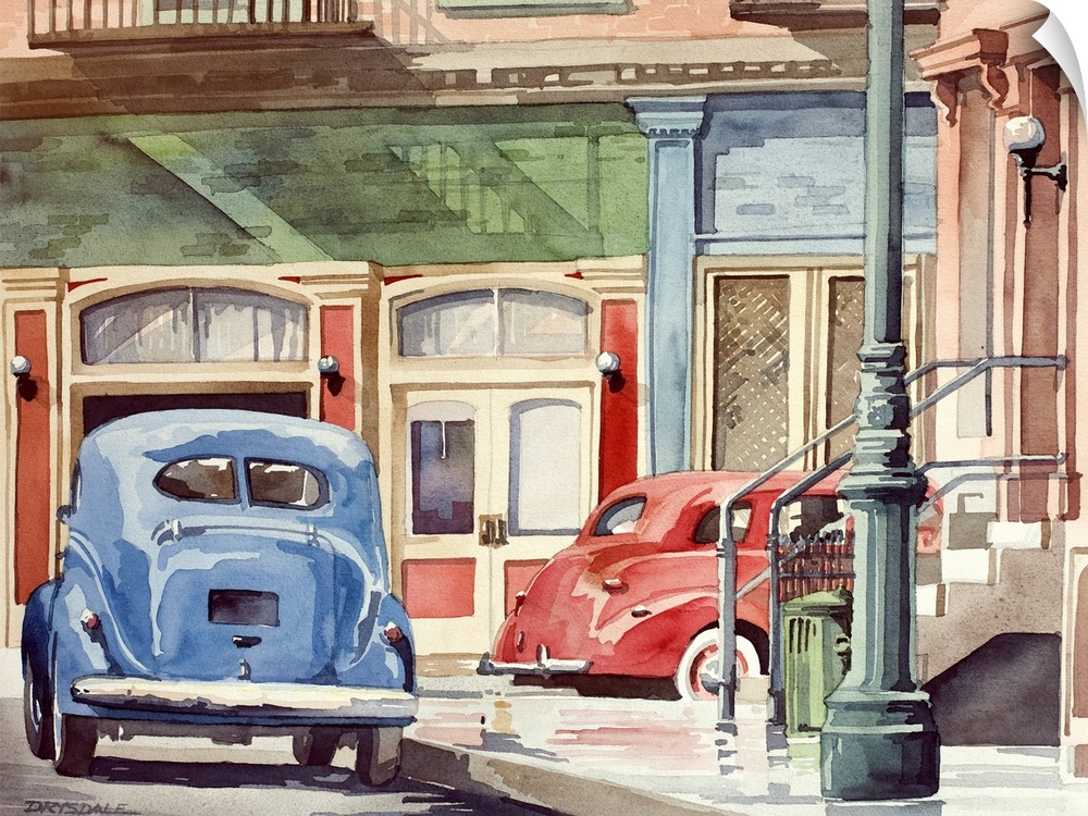 Contemporary watercolor painting of a red and blue Volkswagen beetles driving down Main Street