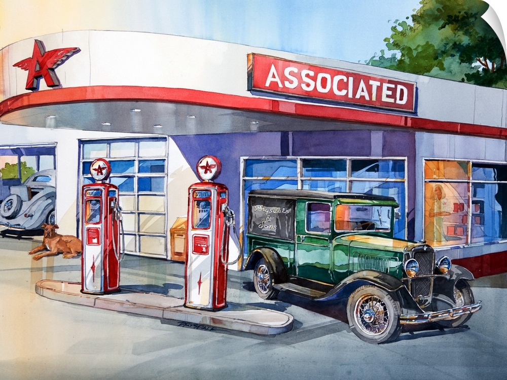 Watercolor painting of a Flying A gas station with a vintage car filling up.