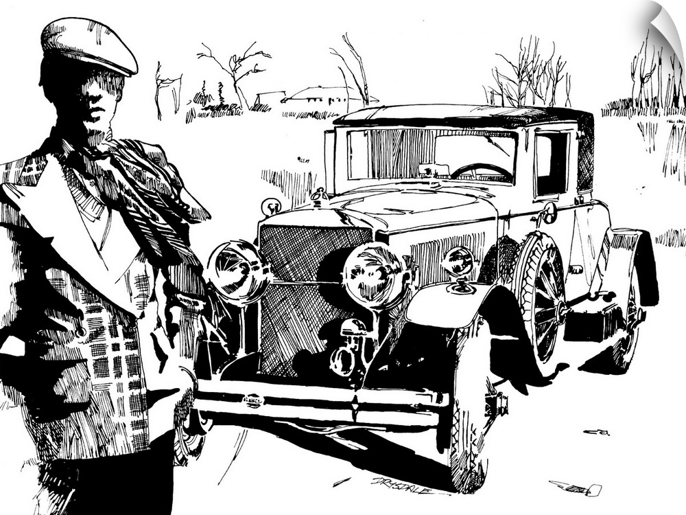 Black and white illustration of a vintage car with a driver in the foreground.