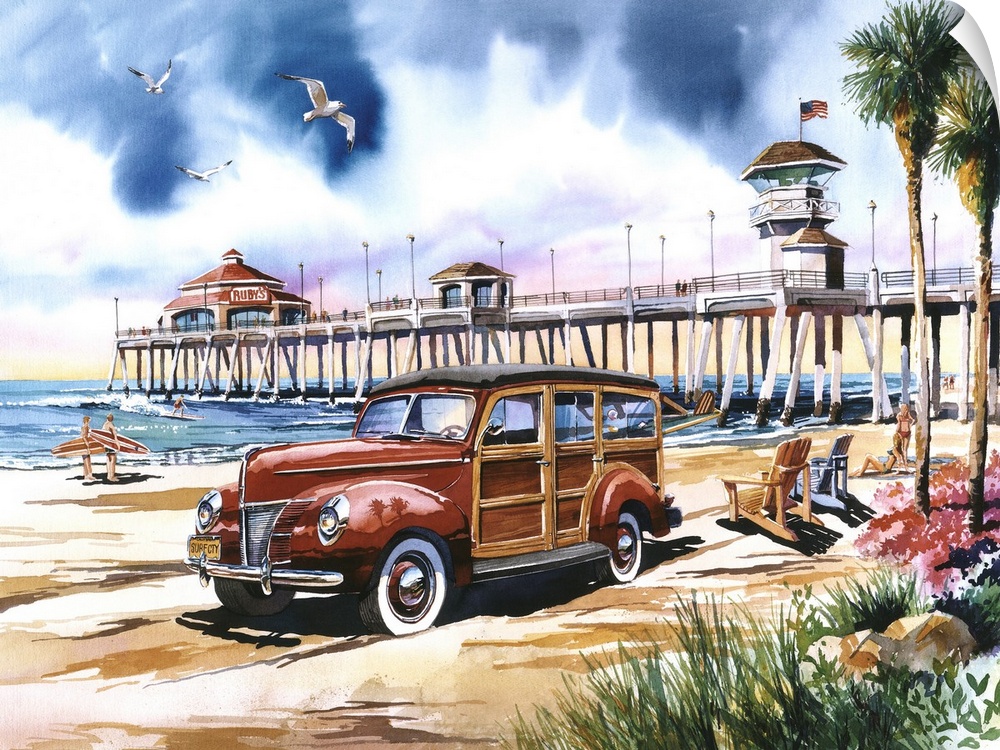Watercolor painting of a red woodie wagon parked on the beach at Surf City, Huntington Beach California, with the pier in ...