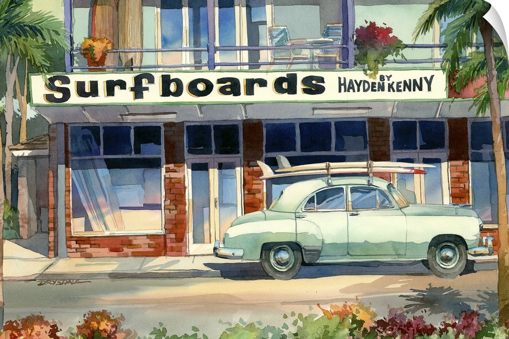 Watercolor painting of Hayden Kenny Surfboards shop.