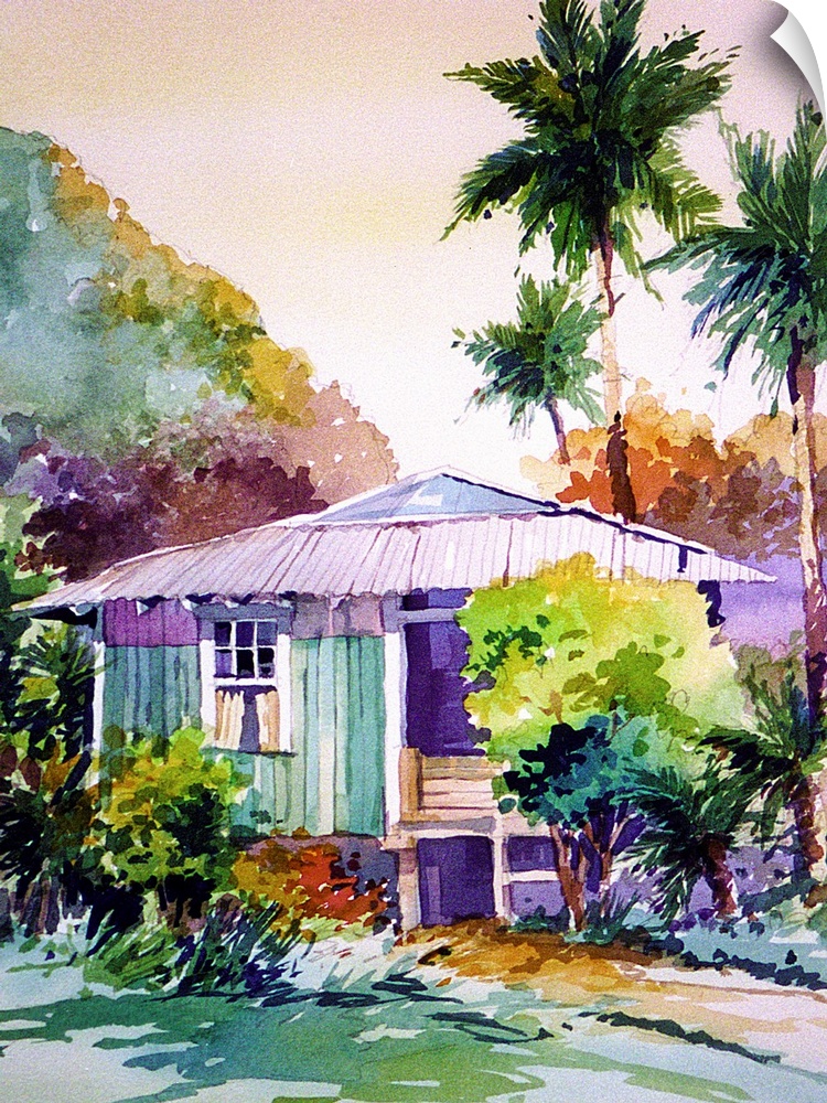 Watercolor painting of a Hana Shack, Maui Hawaii.