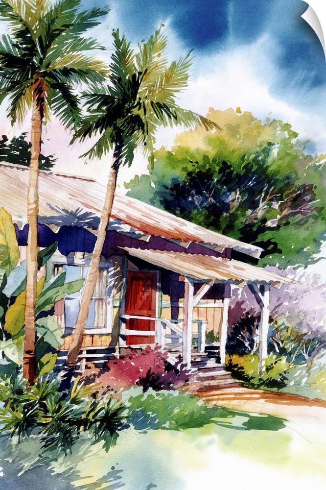 Contempoarry watercolor painting of a house in Hana, Maui, Hawaii