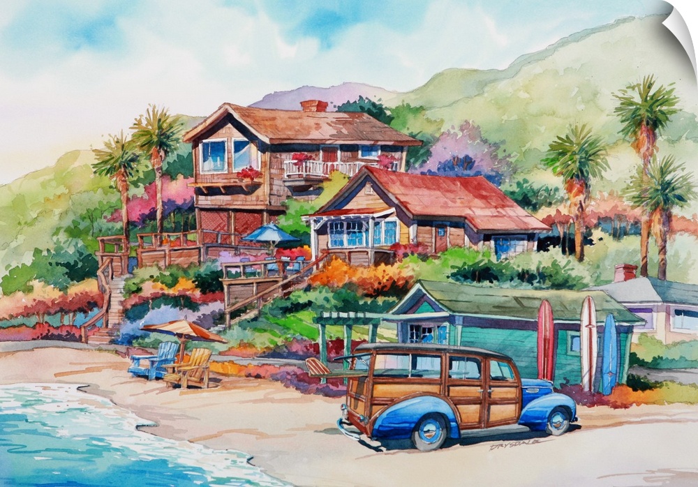 Watercolor of a woodie on the beach in Crystal Cove, Newport Beach, CA.