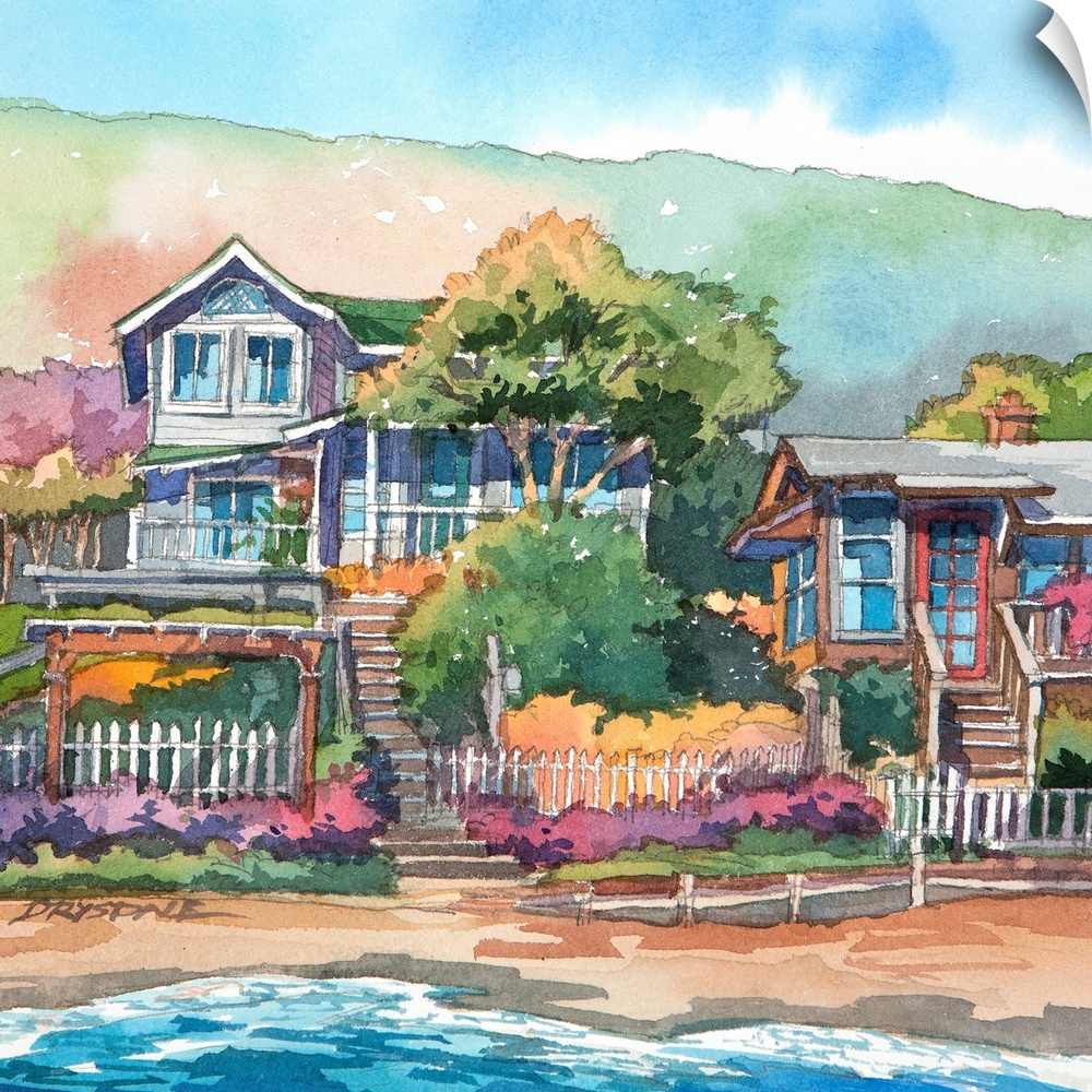 Watercolor painting of the bungalows along Crystal Cove in Newport Beach, California