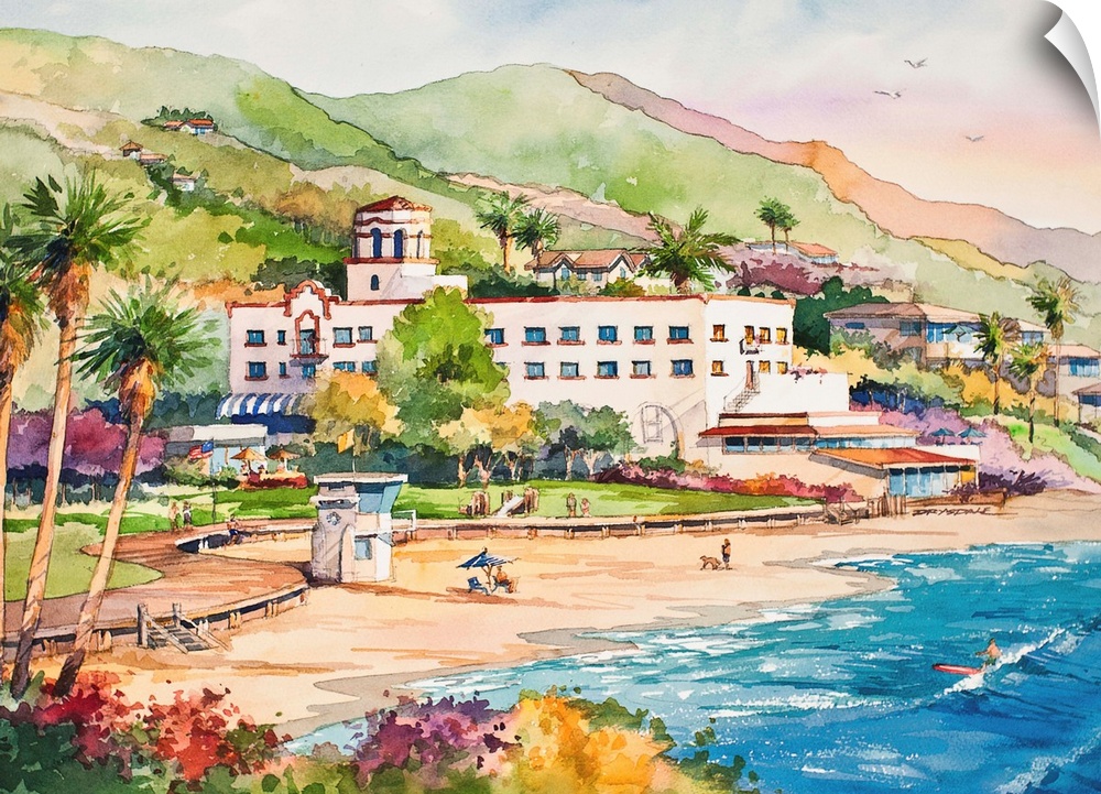 Landscape watercolor painting of Laguna Main Beach, CA.