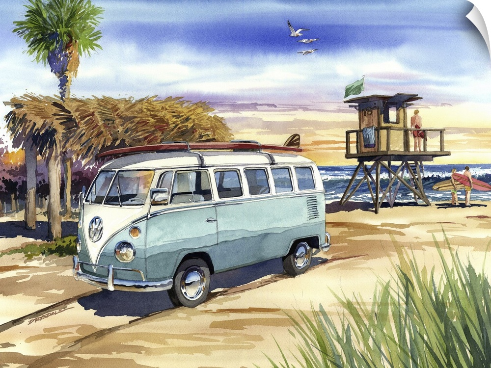 Watercolor of a classic 1967 VW Bus pulled up on the sand at the famous surfing beach, Old Mans, San Onofre, CA