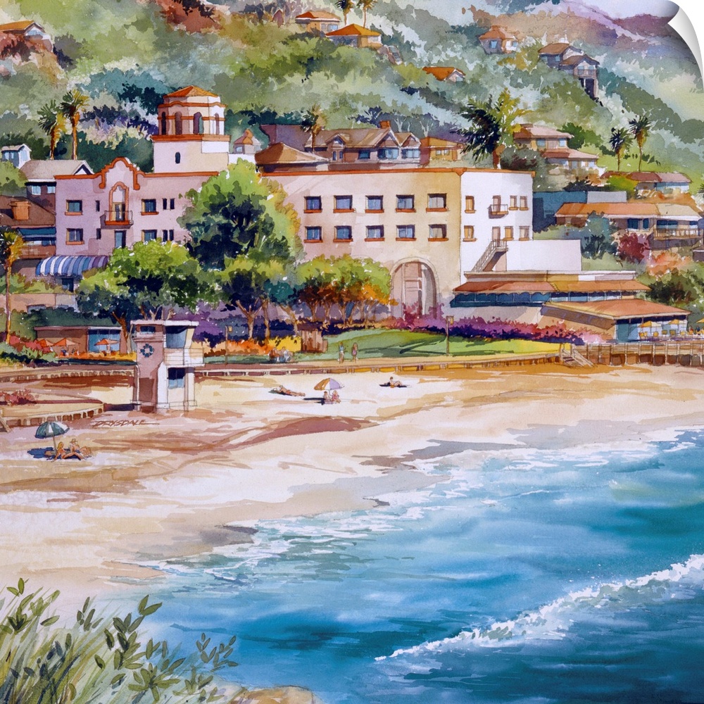 Watercolor painting of Hotel Laguna, Laguna main Beach, California